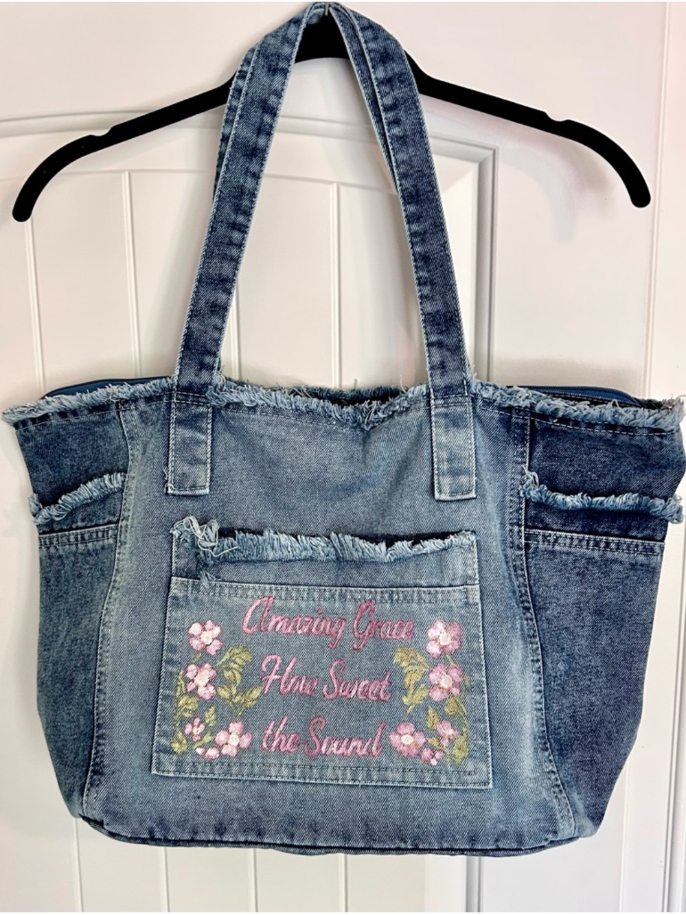 Custom Upcycled Denim Tote with Hand Painted Pink Floral Amazing Grace Design